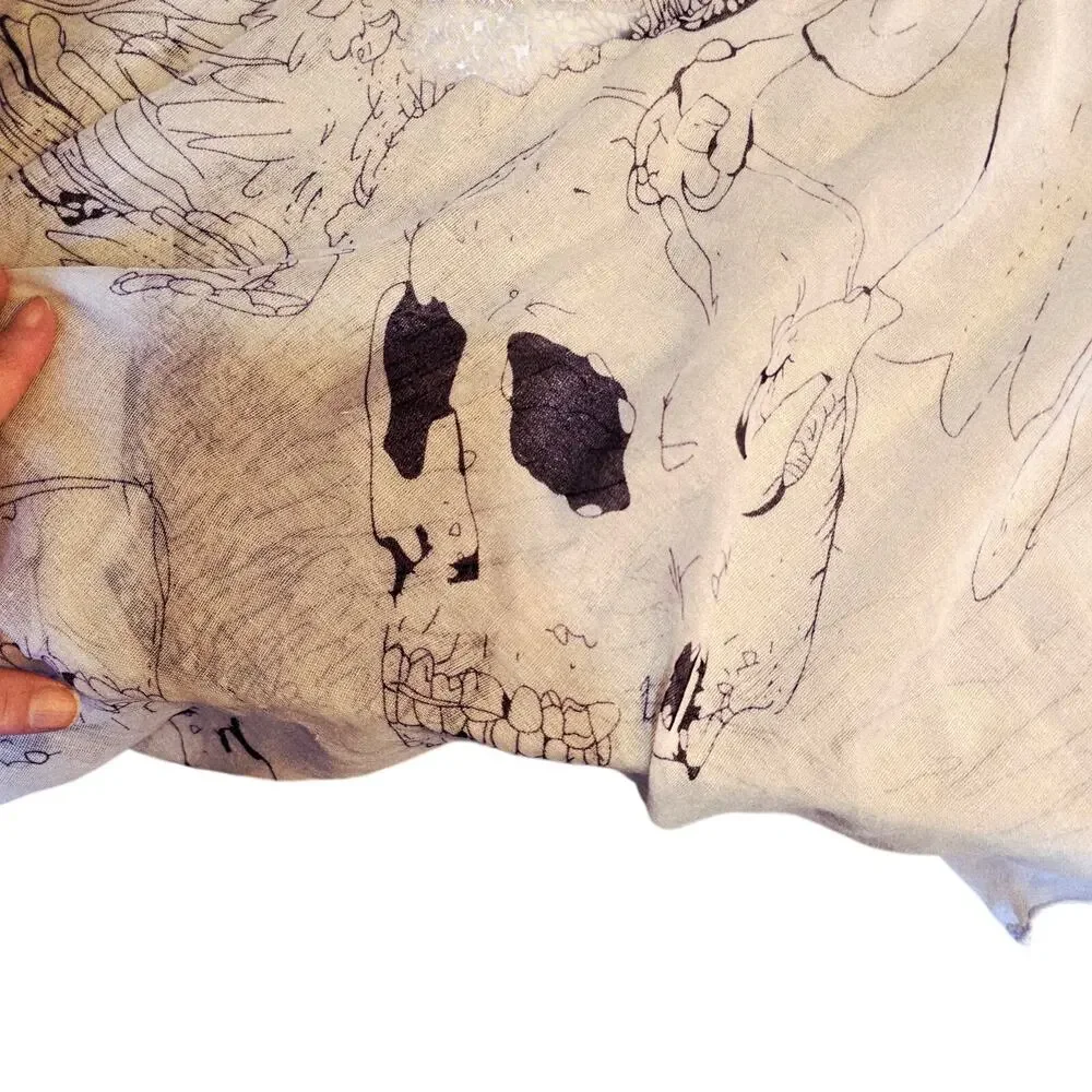 D&Y white and black Skull and hawk large sheer shawl spooky